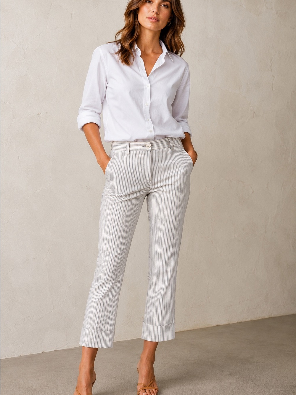 AGO e FILO Italy Pinstripe Crop Pants Italy 42 Cotton Stretch Cuffed Ankle